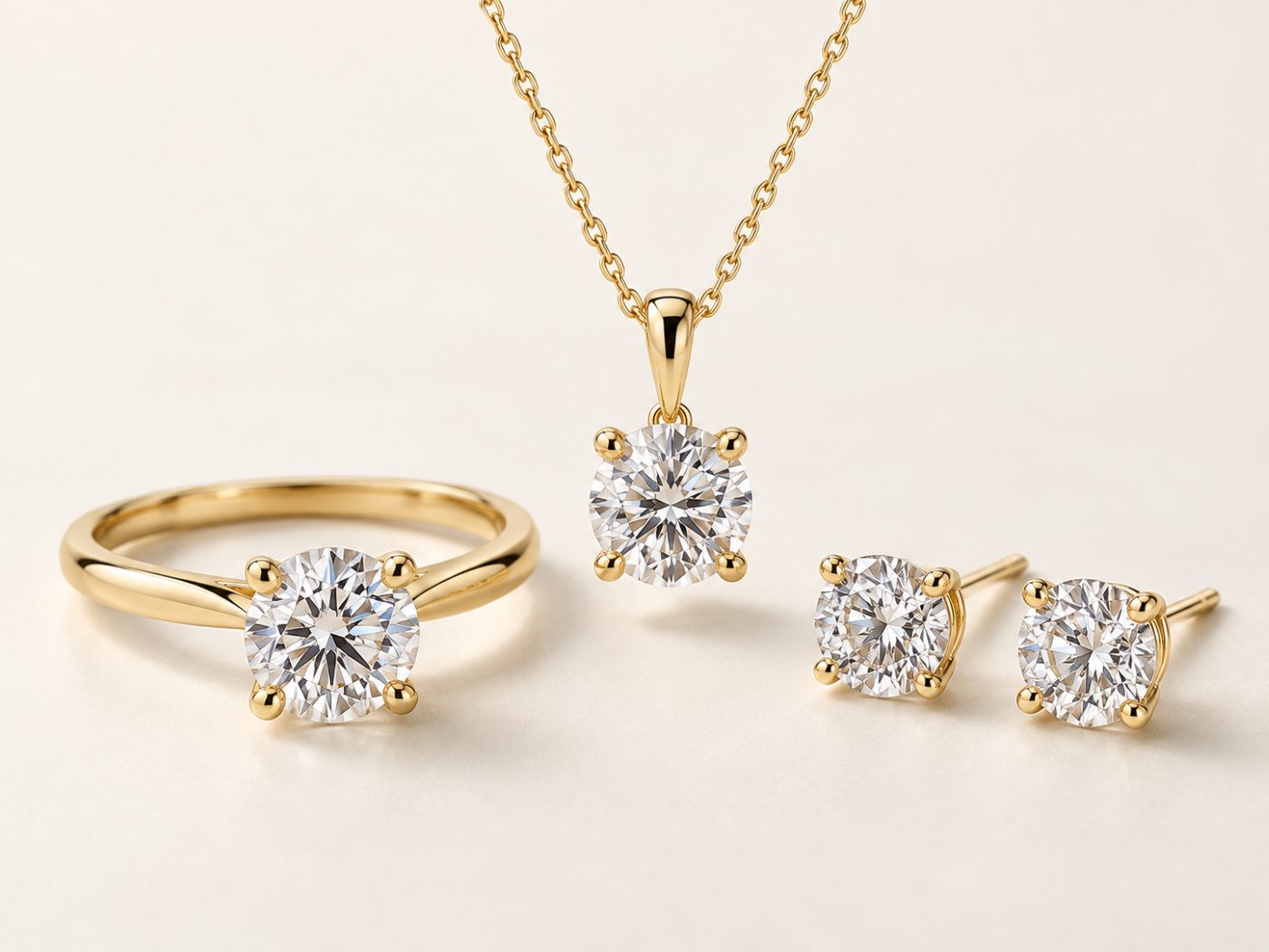 Colección de oro con diamantes: anillo solitario, colgante y aretes a juego sobre fondo claro