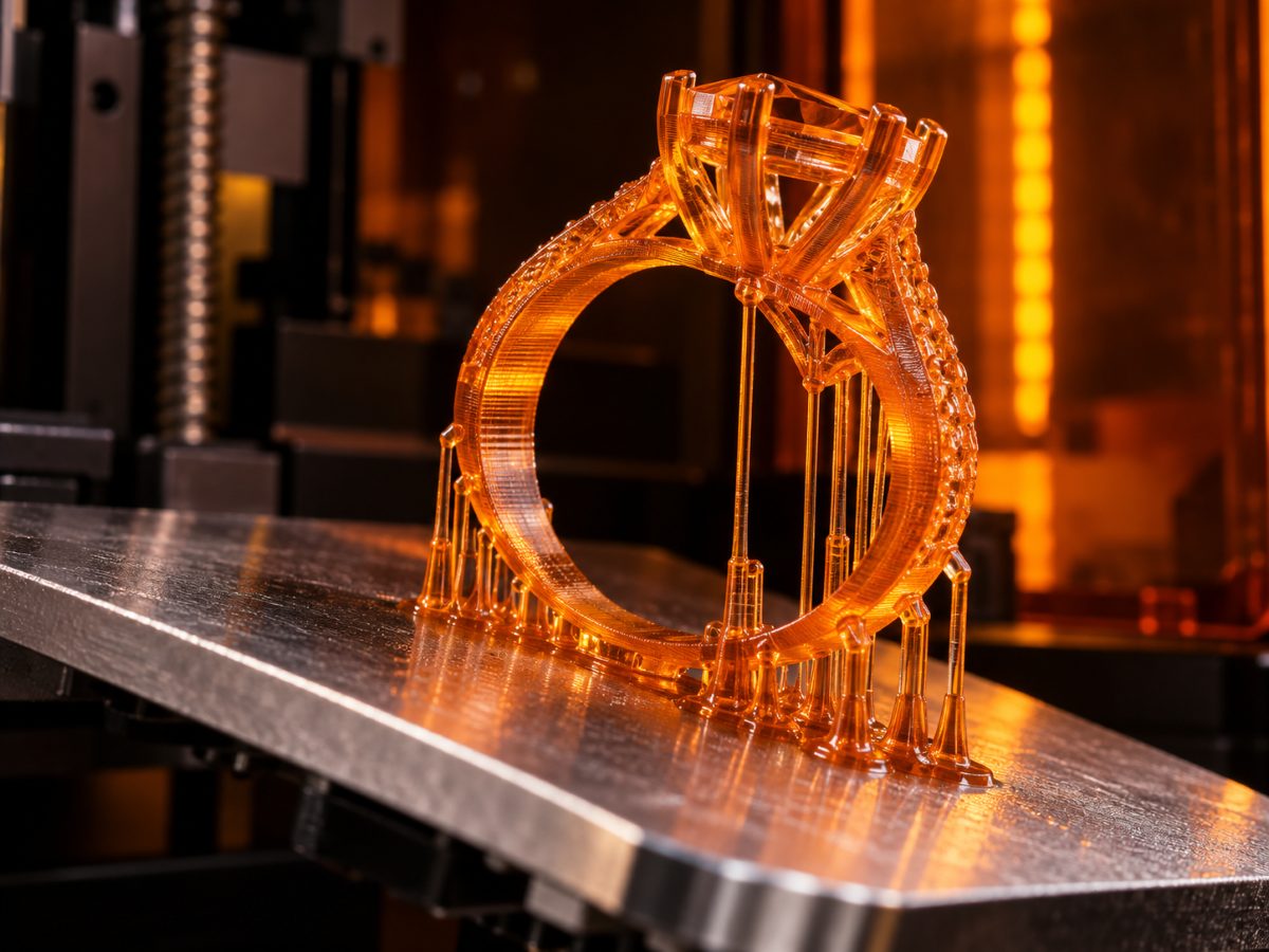 Anillo de resina calcinable color ámbar recién impreso, con sus soportes sobre la plataforma de una impresora 3D